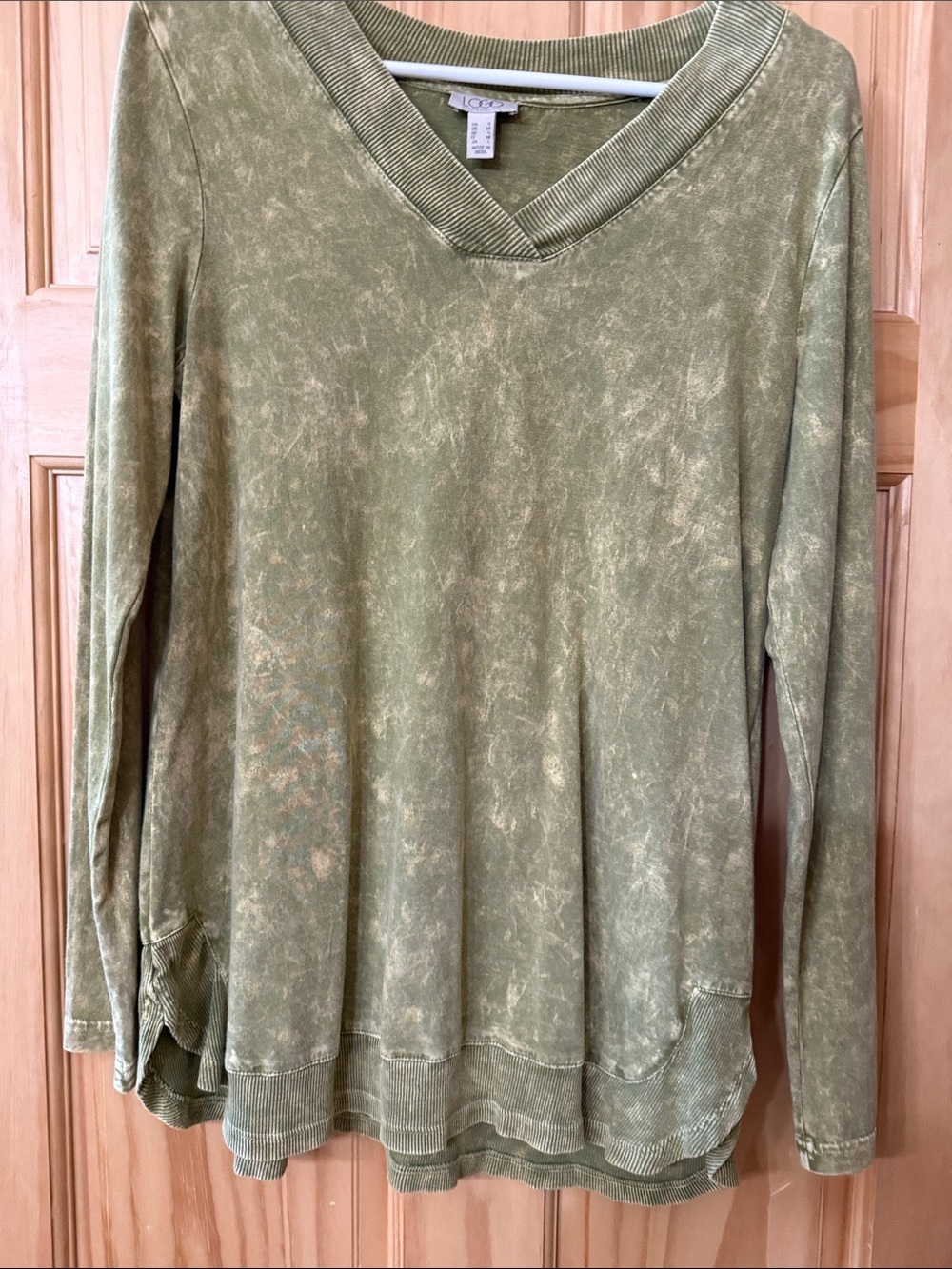 LOGO by Lori Goldstein Olive Washed V-Neck Long Sleeve Top
